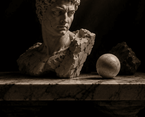 Marble bust on pedestal with fragments